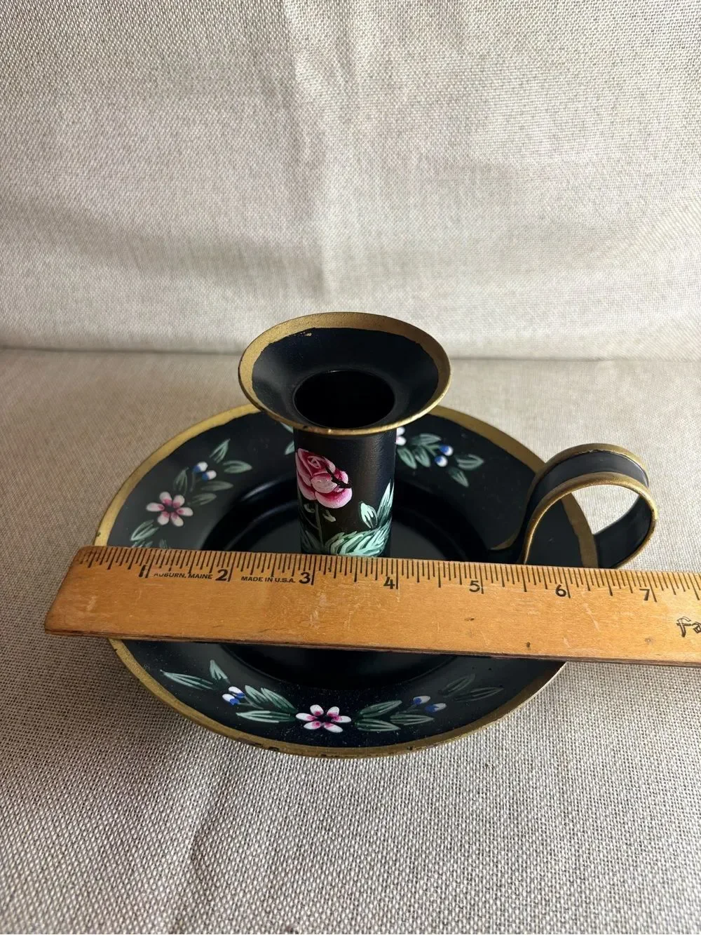 Vintage Centrum Toleware Chamberstick Candle Holder Hand Painted Floral 1989
